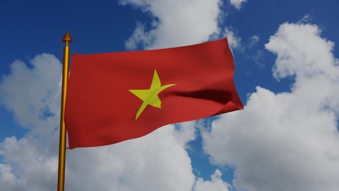 National flag of Vietnam waving 3D Render with flagpole and blue sky timelapse, Socialist Republic of Vietnam flag textile by Nguyen Huu Tien, Vietnam independence day, Vietnamese flag of Fatherland.
