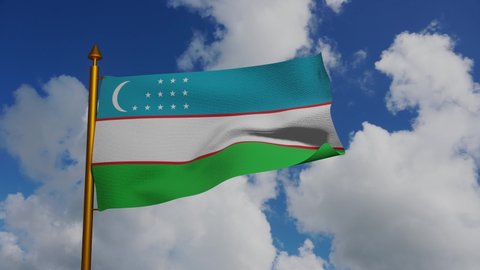 National flag of Uzbekistan waving 3D Render with flagpole and blue sky timelapse, Republic of Uzbekistan flag textile by Farxod Yuldasev, coat of arms Uzbekistan, Uzbek or Ozbekiston davlat bayrogi.