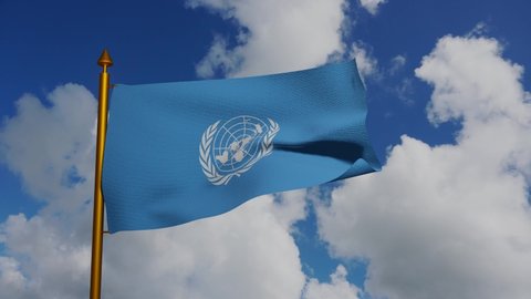 United Nations Organization UNO flag waving 3D Render with flagpole and blue sky timelapse, intergovernmental organization United Nations UN flag, General Assembly UN: USA, New York - 25 April, 2022