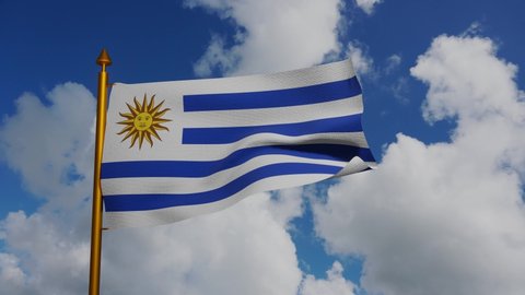 National flag of Uruguay waving 3D Render with flagpole and blue sky timelapse, Oriental Republic of Uruguay flag textile by Joaquin Suarez, coat of arms Uruguay independence day, Pabellon Nacional.