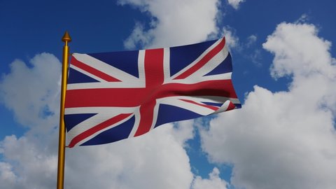 National flag of United Kingdom waving 3D Render with flagpole and blue sky timelapse, United Kingdom of Great Britain and Northern Ireland flag textile. British flag or uk independence day. 4k