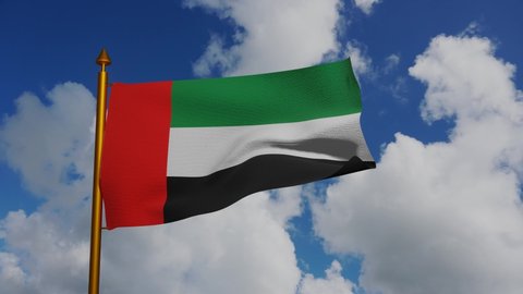 National flag of United Arab Emirates waving 3D Render with flagpole and blue sky timelapse, used Pan-Arab colors and designed Abdullah Al Maainah, UAE flag. High quality 4k footage