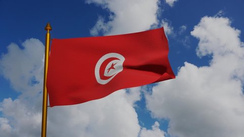 National flag of Tunisia waving 3D Render with flagpole and blue sky timelapse, Republic of Tunisia flag textile designed by Al Husayn II ibn Mahmud, coat of arms Tunisia independence day. 4k footage