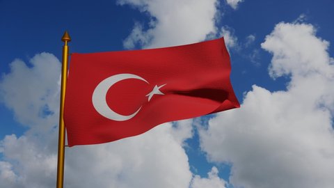 National flag of Turkey waving 3D Render with flagpole and blue sky timelapse, Turkish flags textile featuring star and crescent, al bayrak or as al sancak, Ottoman flag in Turkish Flag Law. 4k
