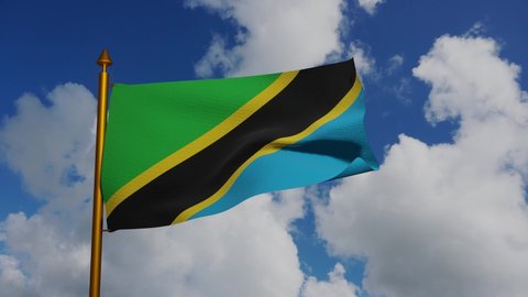 National flag of Tanzania waving 3D Render with flagpole and blue sky timelapse, United Republic of Tanzania flag textile or Swahili bendera ya Tanzania, coat of arms Tanzania independence day. 4k