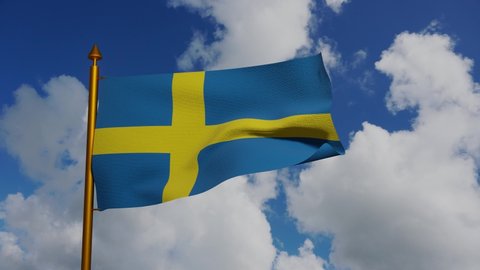 National flag of Sweden waving 3D Render with flagpole and blue sky timelapse, Sveriges flagga with yellow Nordic cross, Swedish flag. High quality 4k footage