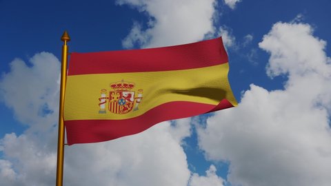 National flag of Spain waving 3D Render with flagpole and blue sky timelapse, Spain flag or Bandera de Espana. la Rojigualda in Kingdom of Spain. Spanish flag textile. High quality 4k footage