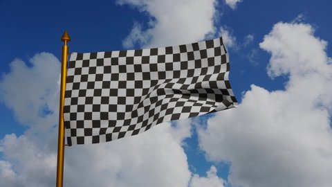 Racing flag waving 3D Render with flagpole and blue sky timelapse, Formula One finish flag textile, auto race track or auto racing on Formula 1, FIA World Endurance Championship and WTCC. 4k footage