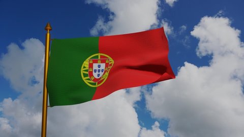National flag of Portugal waving 3D Render with flagpole and blue sky timelapse, Republic of Portugal flag textile, coat of arms Portugal independence day, armillary sphere and Portuguese shield.