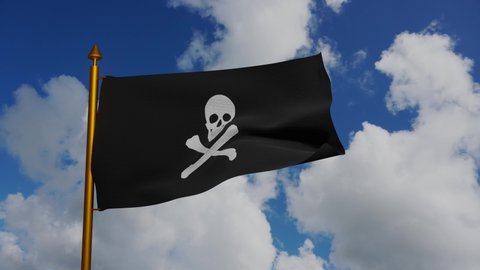 Jolly Roger or pirate ship flag waving 3D Render with flagpole and blue sky timelapse, pirate ship flag in Golden Age of Piracy, skull and crossbones, Pirates of the Caribbean sea and Black Pearl.