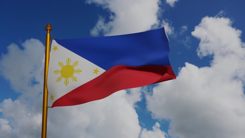 National flag of Philippines waving 3D Render with flagpole and blue sky timelapse, Republic of Philippines flag textile, Feliciano Jocson by Julio Nakpil, coat of arms Philippines independence day.