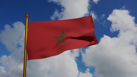 National flag of Morocco waving 3D Render with flagpole and blue sky timelapse, Kingdom of Morocco flag textile or Standard Moroccan Tamazight, coat of arms Morocco independence day, Moroccan Rabat.
