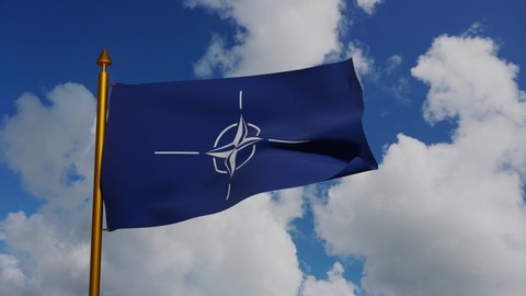 North Atlantic Treaty Organization flag waving 3D Render with flagpole and blue sky timelapse, Flag of NATO textile, compass rose emblem: USA, New York - 25 April, 2022