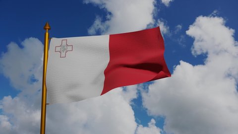 National flag of Malta waving 3D Render with flagpole and blue sky timelapse, Republic of Malta flag textile or Bandiera ta Maltese, coat of arms Malta independence day. High quality 4k footage