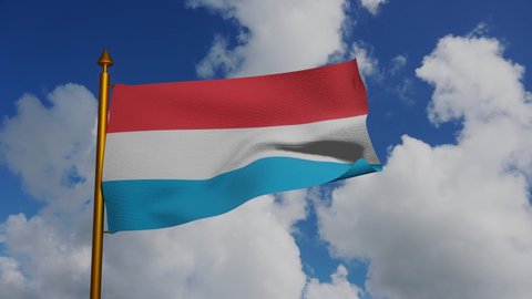 National flag of Luxembourg waving 3D Render with flagpole and blue sky timelapse, Letzebuerger Fandel or Flagge Luxemburgs or Drapeau du Luxembourg, Luxembourg flag triband textile . 4k footage