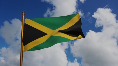 National flag of Jamaica waving 3D Render with flagpole and blue sky timelapse, Republic of Jamaica flag textile, coat of arms Jamaican independence day, Jamaican Patois Jumieka. High quality 4k