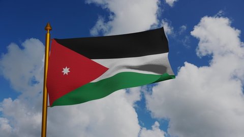 National flag of Jordan waving 3D Render with flagpole and blue sky timelapse, kingdom jordan flag textile used Pan-Arab Colors, similar Flag of the Arab Revolt. High quality 4k footage