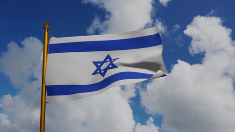 National flag of Israel waving 3D Render with flagpole and blue sky timelapse, flag State of Israel used Star of David, Flag of Zion or Israel flag. High quality 4k footage