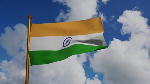 National flag of India waving 3D Render with flagpole and blue sky timelapse, Republic of India flag textile designed by Pingali Venkayya, coat of arms India independence day, Ashoka Chakra. 4k