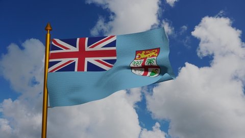 National flag of Fiji waving 3D Render with flagpole and blue sky timelapse, Republic of Fiji flag textile designed Tessa Mackenzie, coat of arms Fiji independence day. High quality 4k footage
