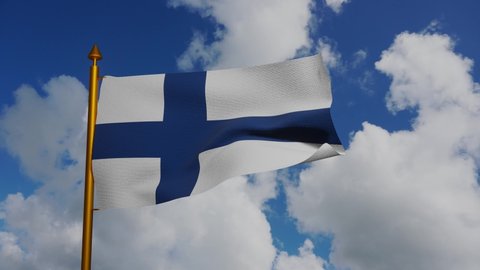 National flag of Finland waving 3D Render with flagpole and blue sky timelapse, Suomen lippu or Finlands flagga and Siniristilippu used Nordic cross, Finnish flag has Scandinavian cross. 4k footage