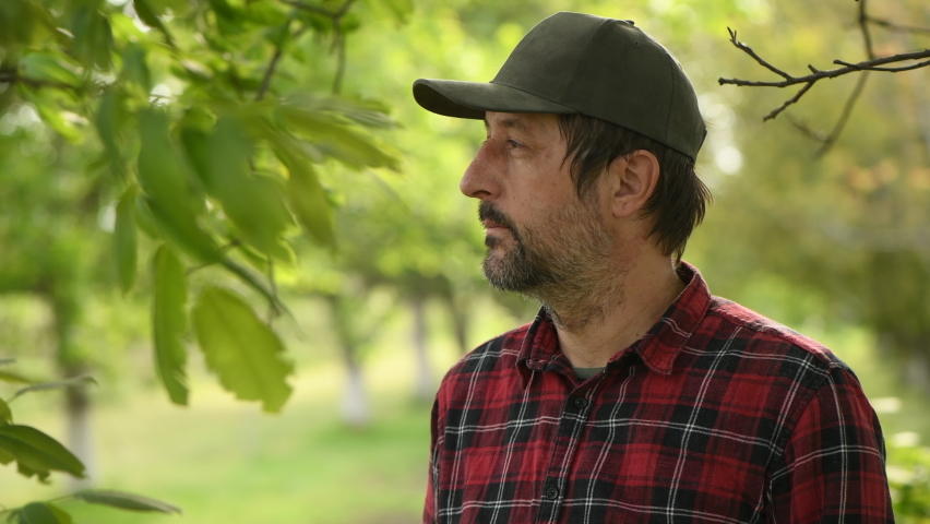 Portrait of contemplative male farmer in organic walnut orchard, sustainable farming and homegrown produce, selective focus