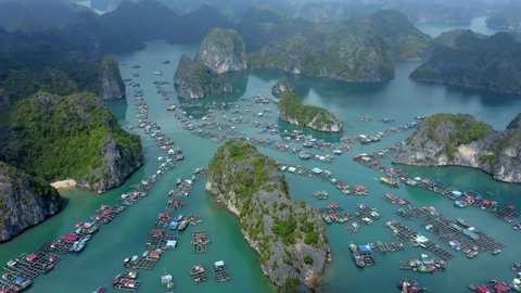 An aerial view of a floating market in Cat Ba Island