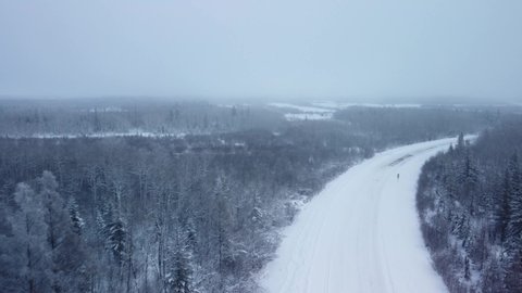 WINNIPEG, CANADA - Nov 14, 2021: A 4K aerial video of fully snow-covered forests during winter with a wide snowy road in Winnipeg, Canada