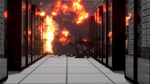 Computer rack server explodes in large fireball server room corridor animation