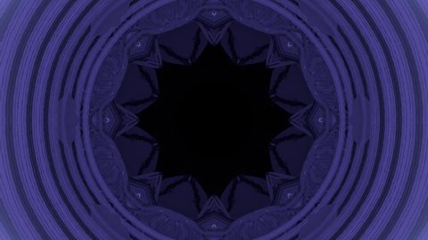 A 4K 3D animation of a purple kaleidoscopic pattern with changing shapes in the black center