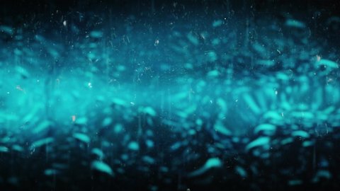 CGI Loopable Animation. Abstract blue energy. Summer nobody nature landscape. Drops of Rain trickling down on glass. Concept: visuals loop, relaxing, intro, travel, trip. Raindrop 4k stock footage