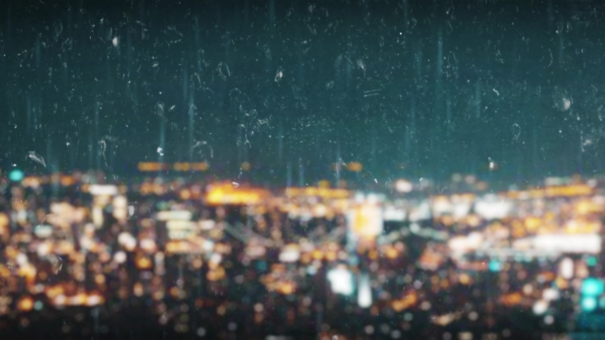 Loop video. Beautiful aerial view of urban modern сity center skyscrapers and flashing сity lights at night. Drops of Rain trickling down on glass. Concept: visuals loop, relaxing, infrastructure Royalty-Free Stock Footage #1090165117