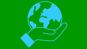 Flat ecology icon. The earth spins in hand. Blue symbol. Looped video. Concept of ecology care, saving the planet. Vector illustration isolated on green background.