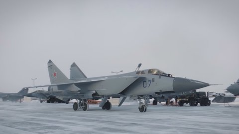 MiG-31 aircraft at the airport getting ready for take-off