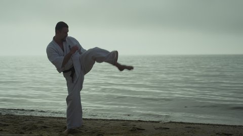 Bearded sportsman practicing attacks training taekwondo on sunset outdoors. Karate man learning dynamic kicks near ocean overcast weather. Strong fighter have active workout on sandy beach. Sport life