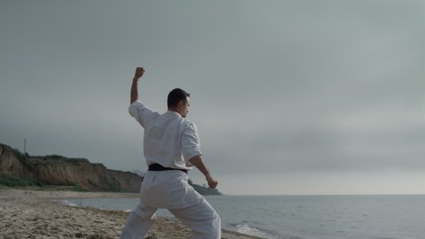 Karate fighter training strength on sandy beach sunny morning. Athletic man standing in fighting position practicing martial arts outdoors. Young sportsman making combat exercises on nature.