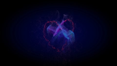 Two digital models of pink and blue magic birds of happiness fly along the trajectory of the heart. Phoenix bird, eagle silhouette. Wedding symbols, love relationships, romance. 3d rendering