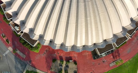 Poured concrete roof at WVU Coliseum Arena. West Virginia University venue for basketball, sports, concerts. Aerial view.