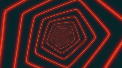 Abstract digital neon pentagon shapes tunnel background.Blurred futuristic sparkling animation pattern that moves forward with red and dark green colors. Technology and cyber concept with copy space