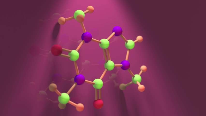 Caffeine molecule 3D chemical structure stimulant in coffee, tea, chocolate - 3D Animation Rendering Royalty-Free Stock Footage #1090181297