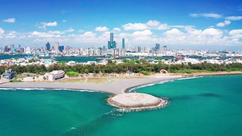 Aerial view of kaohsiung city harbor and coastline beach