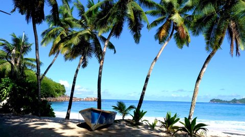 Anse Takamaka beach Mahe Seychelles, a tropical beach with palm trees and a blue ocean. Seychelles