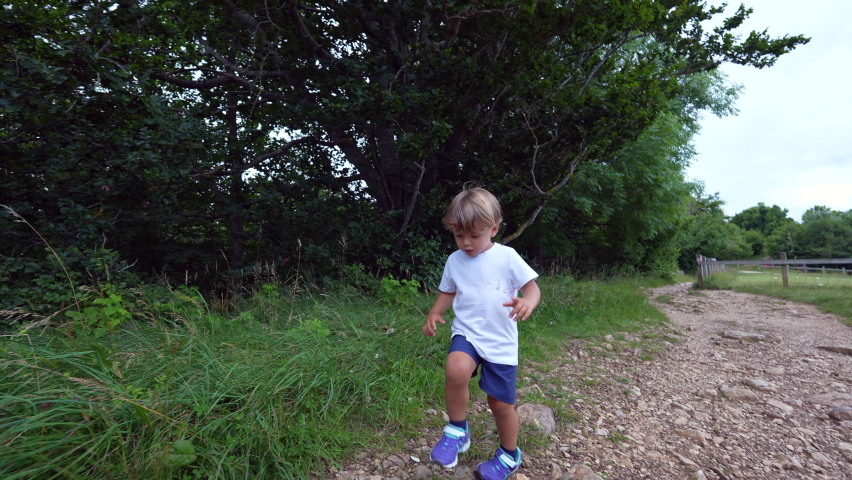 One little boy exploring nature walking on green path outside