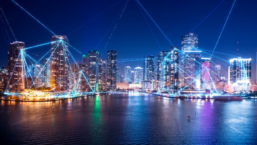 Smart City Concept: Drone Flight Over Modern City At Night Hologram Information Forming Network Connection Communication Ai, Smart City Panorama Abstract Futuristic Digital and technology concept Royalty-Free Stock Footage #1090187667