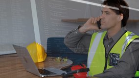 Screen with data processing against caucasian male architect talking on smartphone. architecture and engineering concept - Powered by Shutterstock - Get 15% off with code: PIKWIZARD15