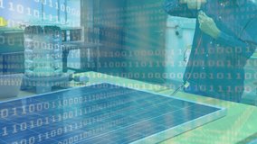 Binary coding data processing against caucasian male worker working with solar panels. engineering and renewable energy concept - Powered by Shutterstock - Get 15% off with code: PIKWIZARD15
