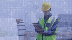 Binary coding data processing against caucasian male engineer using digital tablet. engineering and renewable energy concept - Powered by Shutterstock - Get 15% off with code: PIKWIZARD15