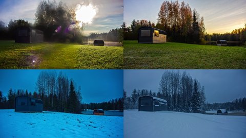 Time lapse of four different seasons shown from same spot around tiny home