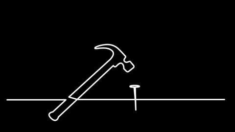 Hammer a nail. Self drawing animation. Line art, black background.