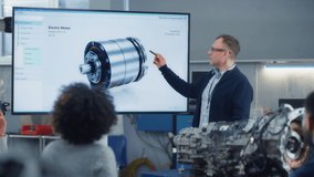 Teacher Lectures Diverse Group of Multi Ethnic Students while Showing at Turbine Engine on Projection Screen at University. Engineering and Green Electric Energy Concept. Medium View - Powered by Shutterstock - Get 15% off with code: PIKWIZARD15